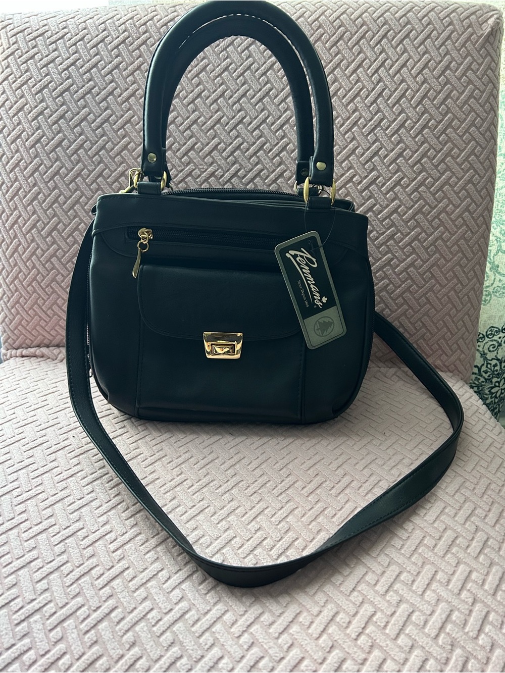 Black Satchel Handbag with Top Handle and Detachable Strap